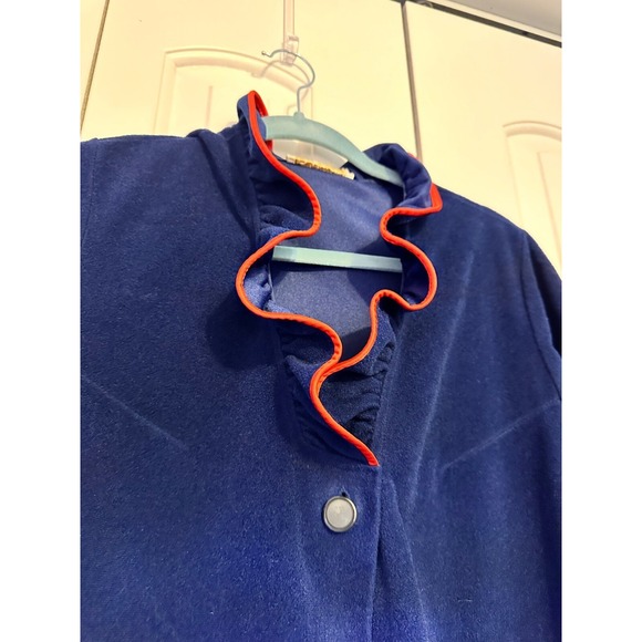 Vintage JCPenney Navy Blue Velour Full-Length Robe With Red Trim & Ruffled Colla - Picture 4 of 7